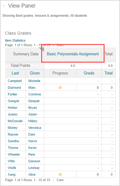 The activity name is displayed in the first row of the gradebook results table.